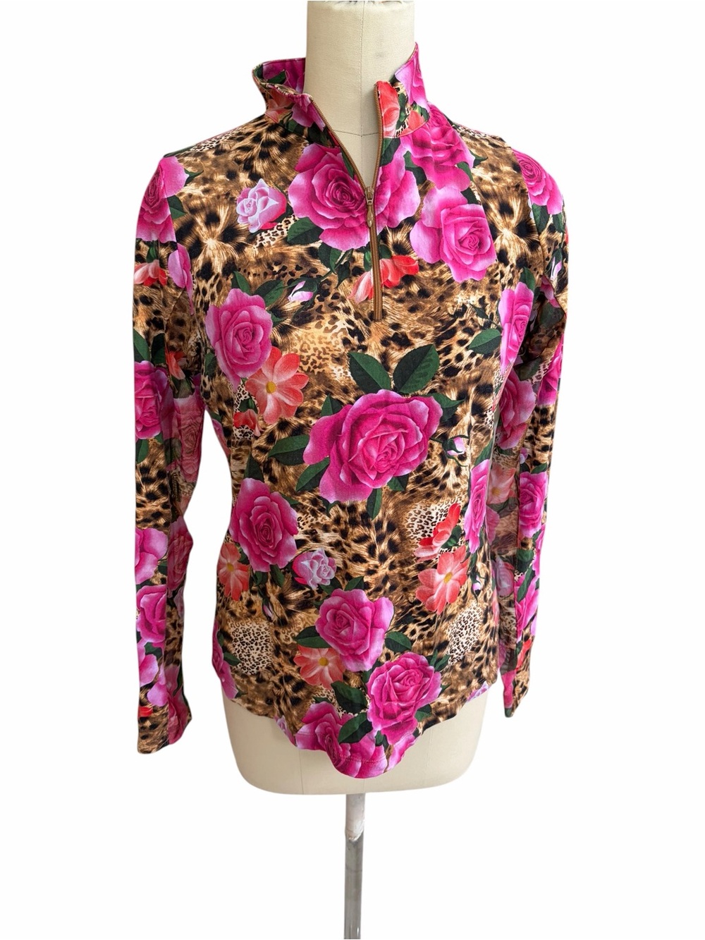 IBKUL Floral  & Leopard Print Pink Rose Long Sleeve Top UPF size medium